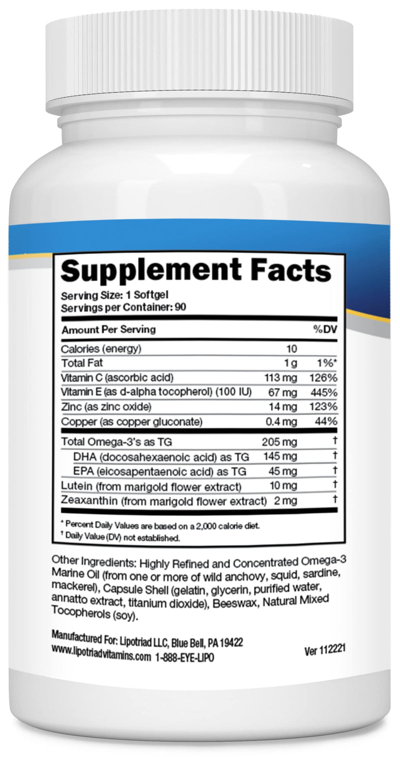 Lipotriad Adult 50+ Eye Vitamin and Mineral Supplement, 90 Softgels | Daily Supplement with Lutein, Zeaxanthin & Omega 3 for Healthy Eyes (90-Day Supply) 90 Count (Pack of 1)