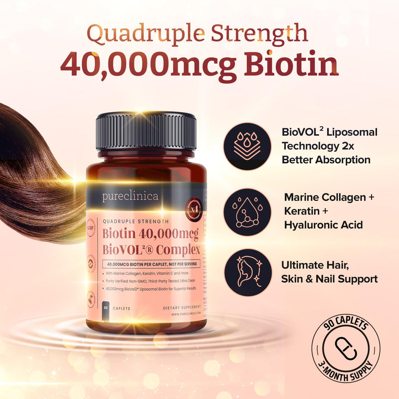 400% Strength Biotin 40,000mcg x 90 Caplets – BioVOL²® Liposomal Biotin Complex | with Marine Collagen, Keratin, Vitamin C & More | 3 Months Supply 90 count (Pack of 1)