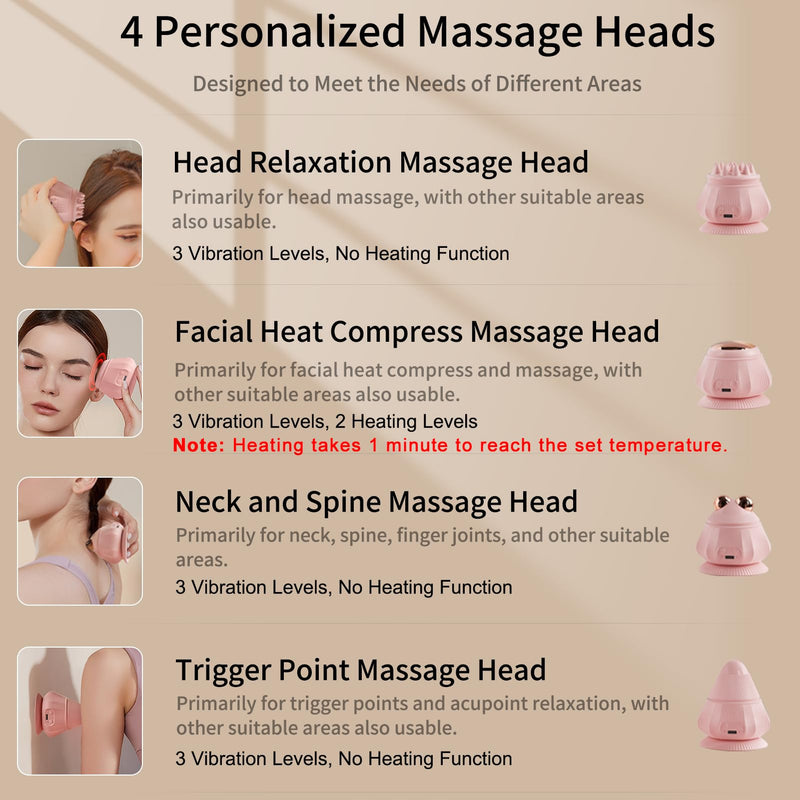 Portable Mini Electric Head Scalp Massager Stress Relax, 3 Vibration & 2 Heating, Handheld Massager Set with Suction Cup for Neck, Back, Face, Legs and Hands (Pink) Pink