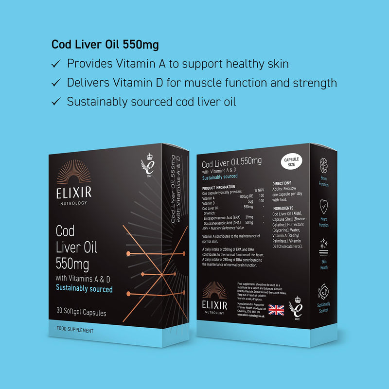 Cod Liver Oil 550mg Capsules | Omega 3 EPA & DHA with Vitamins A & D | Supports Normal Heart, Brain & Vision Function | Daily Immune & Bone Health Support | 30 Softgel Capsules | UK Made