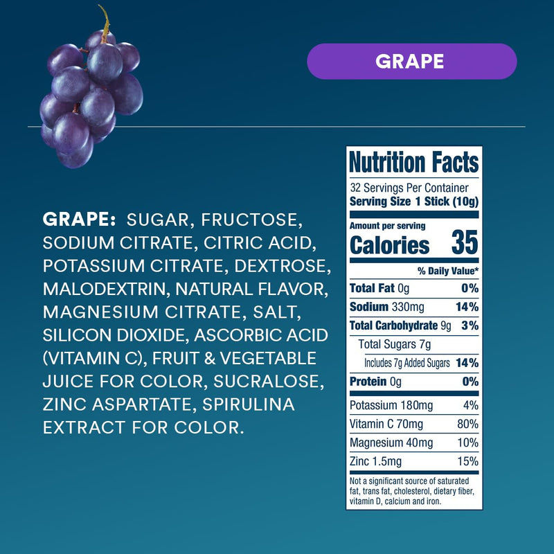 DripDrop Hydration Grape Electrolyte Packets, Powder Drink Mix, 32 Count | Grape; 3X Electrolytes; Potassium, Magnesium, Zinc, Vitamin C; Single Serve; Portable; Daily Use, Workouts, Travel