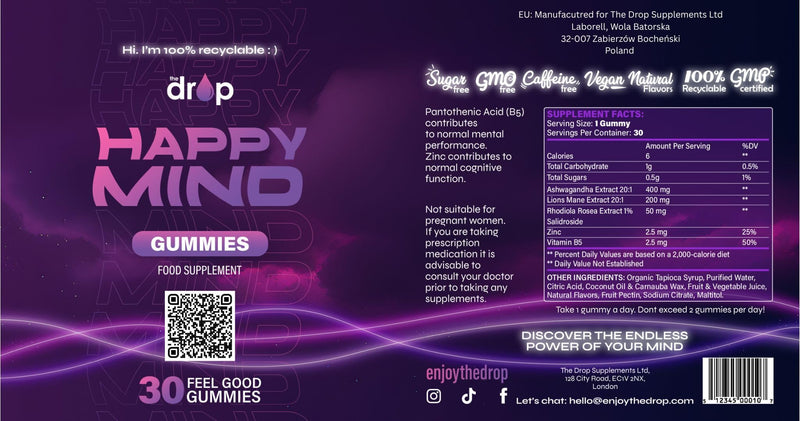 Happy Mind Gummies - Lions Mane & Ashwagandha 5 in 1 Gummies for Stress and Mood Support, Vitamin B5 & Zinc, No Artificial Flavours - Focus - Helps with Cortisol & Anxiety