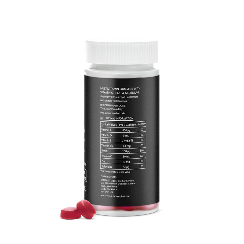 Hair, Skin & Nails Gummies with Biotin 150mg | 60 Gummies | Strawberry Flavour with Vitamin C, D3, Zinc & Vitamin E | Multivitamin Gummies for Women & Men | Hair Vitamins Supplement