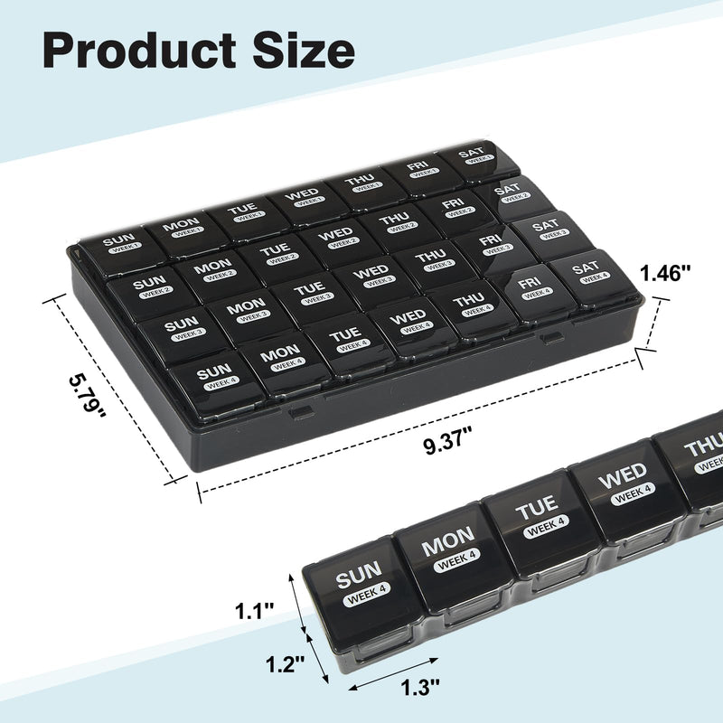 Monthly Pill Organizer, Once a Day, 4 Weeks a Month, 28 Days in a Large Pill Box, Portable for Travel, can Hold a Large Amount of Vitamins, Supplements, Fish Oil, and Medication (Black) Black