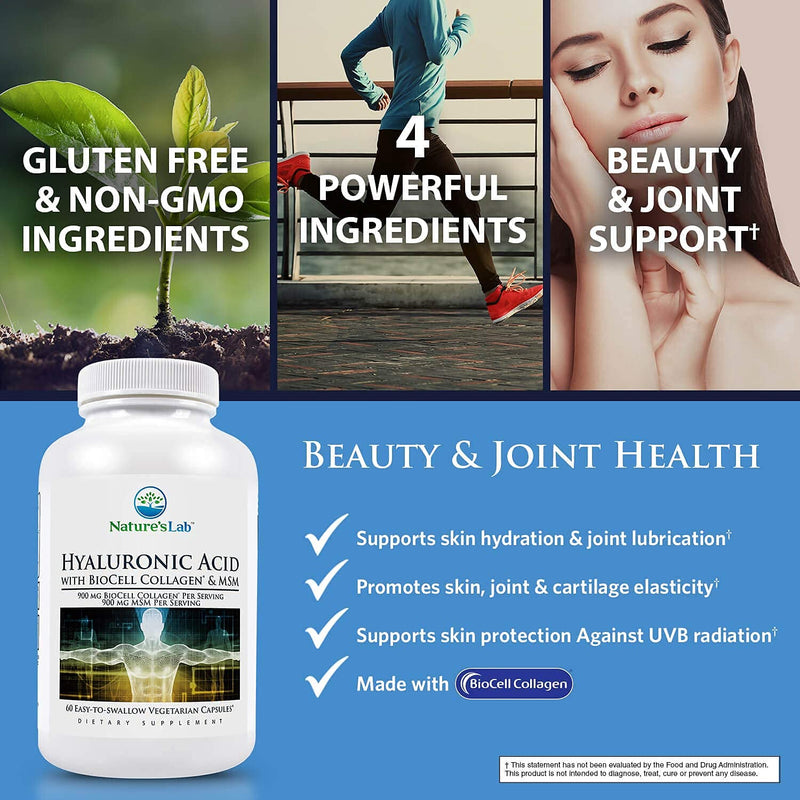 [Australia] - Nature's Lab Hyaluronic Acid with Biocell Collagen and MSM - Skin Hydration, Joint Health - 60 Capsules (20 Day Supply) 