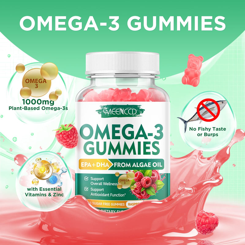 Vegan Omega-3 Gummies 1000mg, Omega 3 Fish Oil Alternative for Adults, Algae-Based DHA 600mg & EPA 300mg + Vitamins A, C, E, Zinc, Supports Overall Wellness, No Fish Taste, 60 Count 60 Count (Pack of 1)