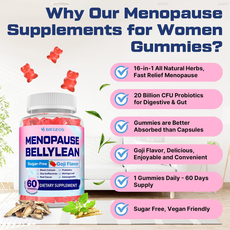 [Australia] - Menopause Supplements for Women Gummies, 16-in-1 Probiotic, Black Cohosh & Ashwagandha for Menopause Relief, Hot Flashes, Hormone Harmony, Mood Swings, Belly Burner* & Gut, Sugar-Free - 60 Gummies 60 Count (Pack of 1) 