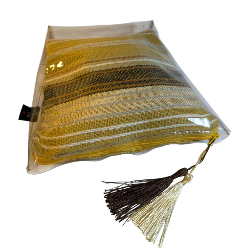 Handmade Woven Cosmetic Bag with Clear Vinyl Cover, Yellow Stripes, Zippered Pouch with Dual Tassel, Water-Resistant Lining