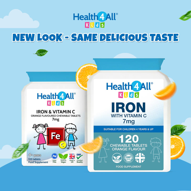 Health4All Kids Iron 120 Chewable Tablets 4 Months Supply, Vegan Sugar-Free Iron Supplement for Children 4+ Supports Learning, Growth & Immune System, Natural Orange Flavour, Made in UK (not Gummies) 120 count (Pack of 1)