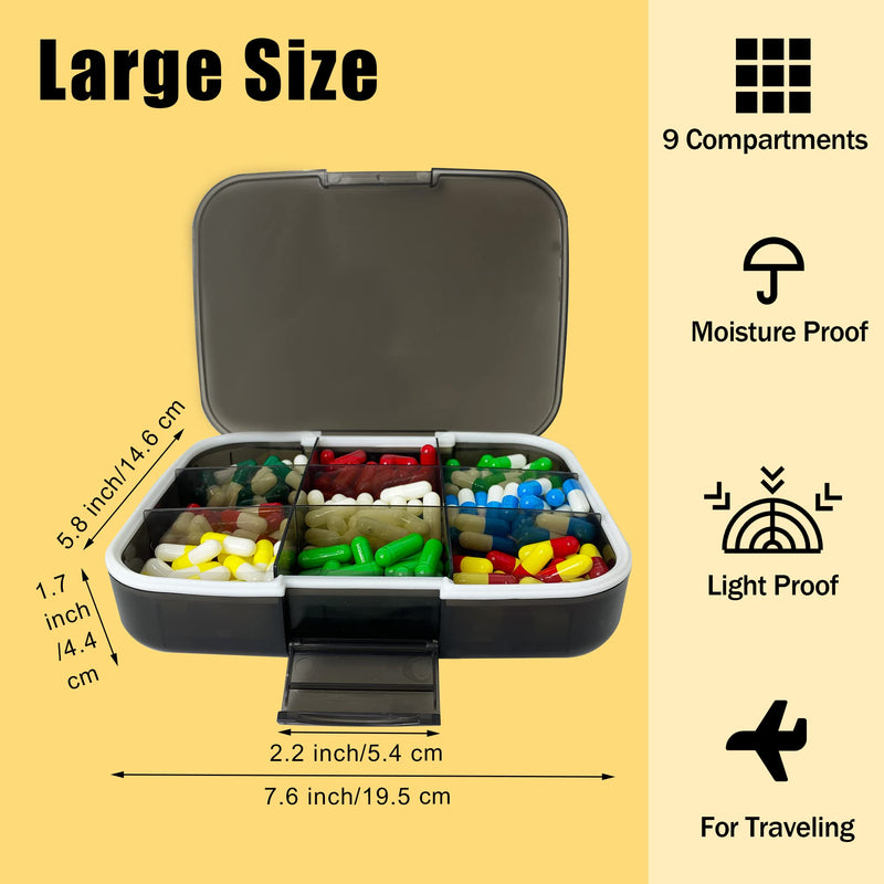 Large Pill Organizer, 7.7x5.7 Travel Vitamin Box Lightproof 9 Compartments Portable Pill Cases Supplements Dispenser Moisture Proof Pill Holder Medicine Container