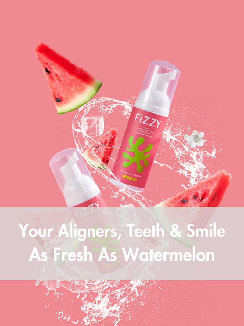 Fizzy 3-in-1 Foam Cleaner for Aligner, Retainer, Denture, Night Guard, MouthGuard, Invisalign | Free of Alcohol, SLS, Fluoride | Xylitol Mouthwash & Foam Toothpaste| Travel-Size Watermelon Jasmine