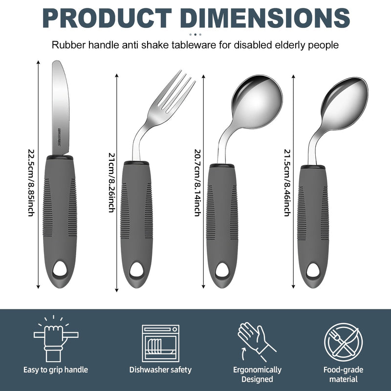 4-Piece Easy Grip Cutlery 42° Angle Cutlery with Thick Handle Disabled Dining Aids Non-Slip Handles Spoon Knife Fork Cutlery for Hand Tremors Arthritis Parkinson's