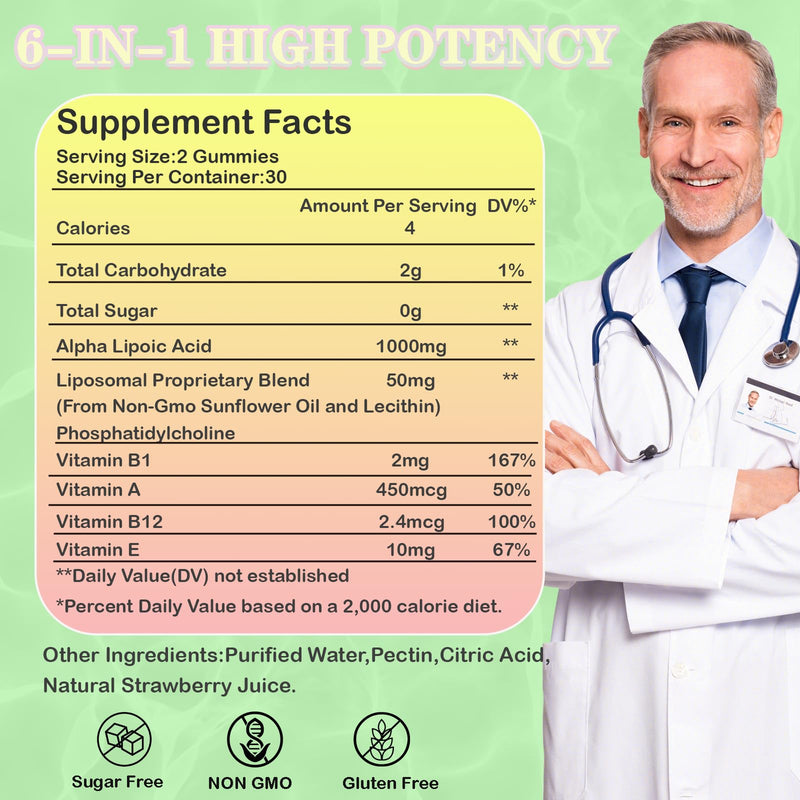 Alpha Lipoic Acid Gummies 1000Mg with Vitamin B1,B12&A,E,Provide Energy | Enhance Immunity,Liposomal High Absorption,Sugar Free,Strawberry Flavor,60 Gummies