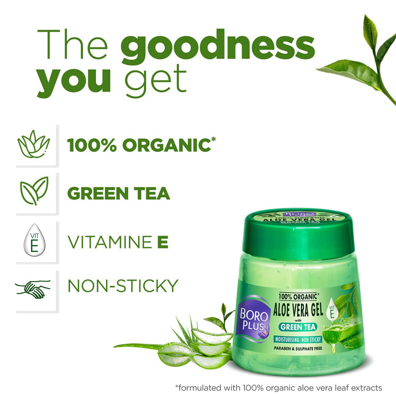 BOROPLUS Aloe Vera Gel with Green Tea & Vitamin E | 100% Organic, Non-Sticky | Soothes Sunburn, Fights Pimples, Moisturizes Skin | Paraben-Free | 6.76 Fl Oz (200ml)