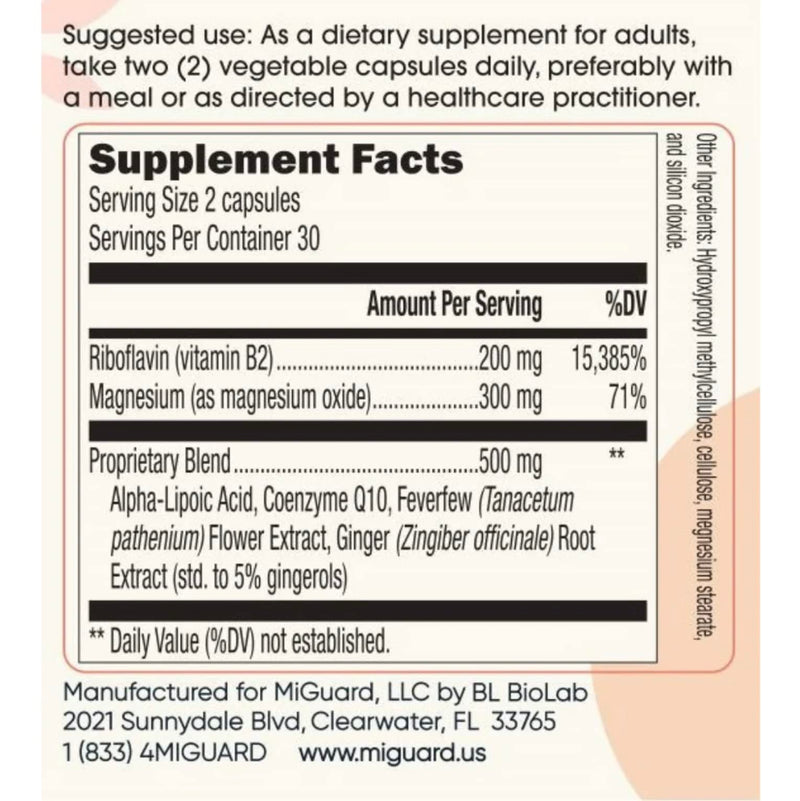 Migraine Supplement – Natural Supplements for Migraine Headaches | 60 Capsules · Migraine vitamins: Magnesium, Riboflavin B2, CoQ10, Feverfew, Ginger · Vegan · Non-GMO · GMP-Certified