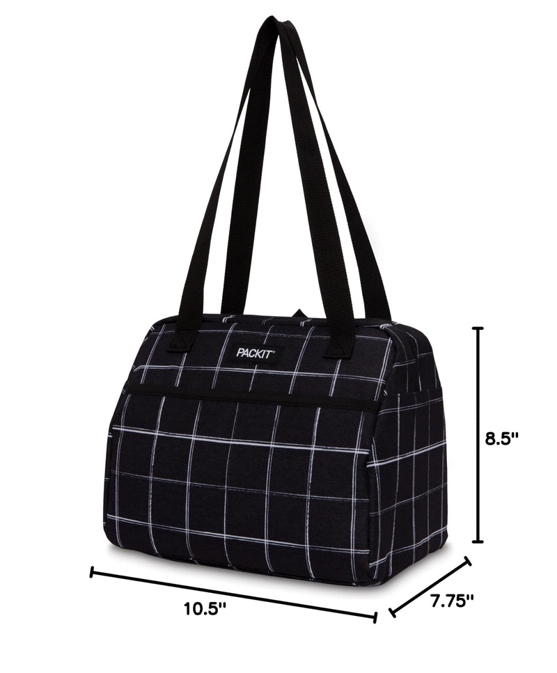 [Australia] - PackIt Freezable Hampton Lunch Bag, Black Grid, Built with EcoFreeze Technology, Collapsible, Reusable, Zip Closure with Front Pocket and Shoulder Straps, Perfect for Tweens and Adults 