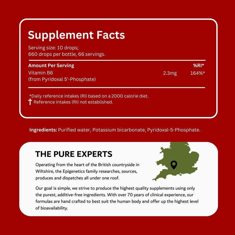 Vitamin B6 Vitamins | P5P Supplement 50ml Liquid Drops | 2 Months Supply, 66 Servings. High Strength Pyridoxal 5 Phosphate 2300mcg | UK Made & Vegan