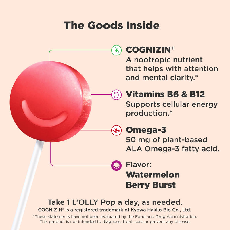 OLLY Focus Buddies L’OLLY Pops, Cognizin, Vitamins B6 and B12, Omega-3 ALA, Supports Focused Attention and Healthy Brain Function,* Kids 4+ Dietary Supplement, Watermelon Strawberry Flavored, 25 Count
