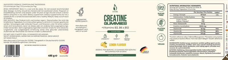 Creatine Gummies – 3000mg Creatine per Serving – 99 Sugar-Free Gummies – Made in Germany, Lab Tested – with Vitamins B3, B6, and B12 – Alternative to Capsules, Tablets, and Powders – Lemon