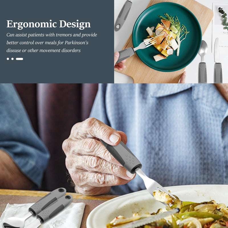 4 Pcs Adaptive Utensil Set Nonslip Easy Grip Cutlery for Adults Include Heavy Stainless Steel Spoon, Fork, Knife, Arthritis Aid Silverware for Elderly and Persons with Shaking Hands