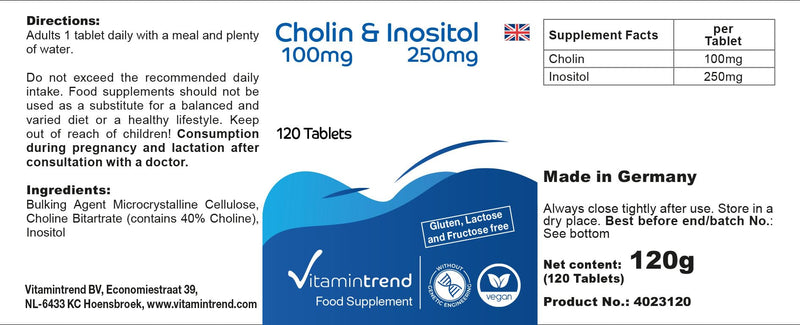 [Australia] - Choline & Inositol - with 100mg choline and 250mg inositol - 120 tablets - high dosage - vegan - bioavailable supplements from Germany | Vitamin trend 