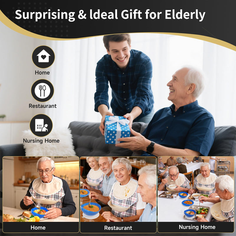 [Australia] - Adaptive Utensils for Elderly with Suction Base, Parkinsons Utensils with Bibs, Adaptive Dinnerware Dish for Handicapped, Spill Proof Bowl and Plate with Lipped Edges for Dementia, Stroke, and Tremor 