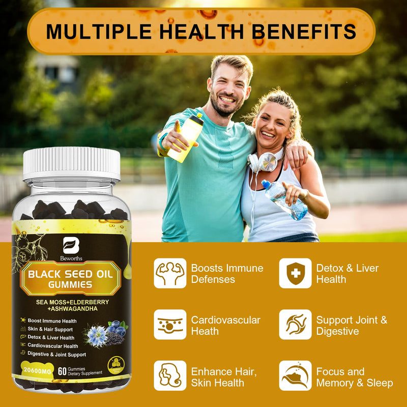 [Australia] - Black Seed Oil & Sea Moss Gummies, 2Pack Irish Sea Moss Gummies with Black Seed Oil, Ashwagandha Extract, Elderberry, Turmeric, Vitamin C, Vitamin D3 - Immune Support, Joints, Digestion, Hair & Skin 120 Count (Pack of 1) 