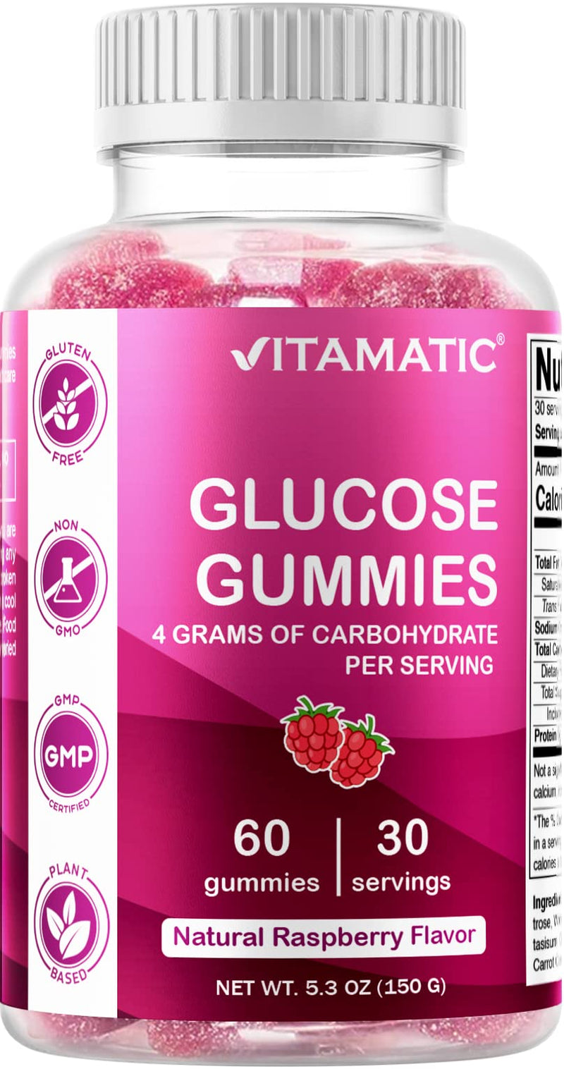 [Australia] - Vitamatic Glucose Chweble Gummies - 60 Count - Natural Raspberry Flavor - 4G of Carbohydrate per Serving (1 Bottle) 1 Bottle 