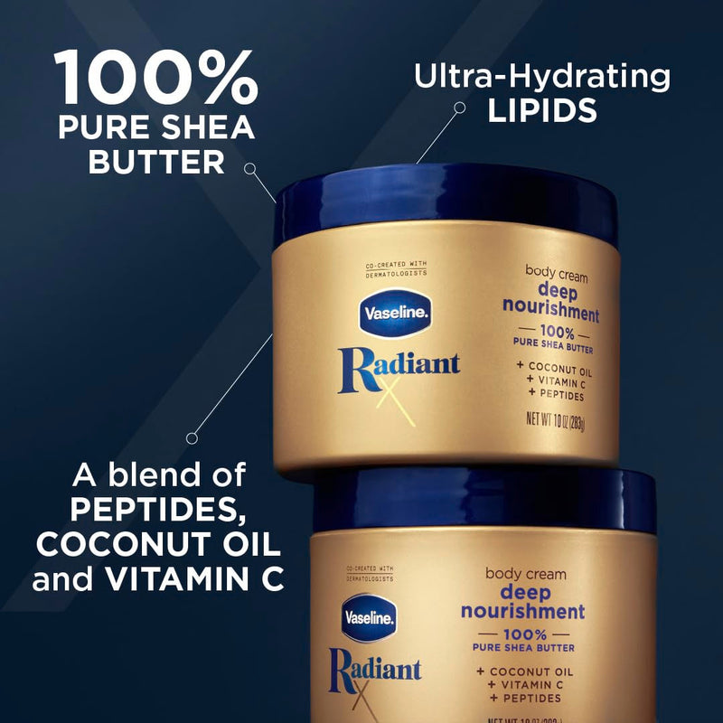 Vaseline Radiant X Deep Nourishment Body Cream 100% Pure Shea Butter, Coconut Oil, Vitamin C, & Peptides 10 oz 10 Ounce (Pack of 1) Skin moisturizer
