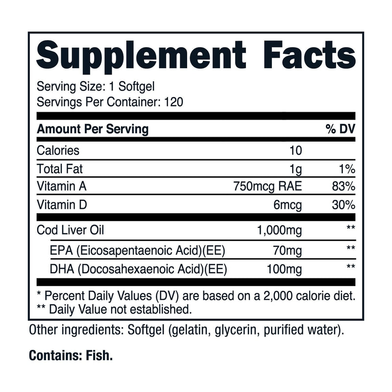 [Australia] - Nutricost Cod Liver Oil 1000mg, 120 Softgels - Non-GMO & Gluten Free 