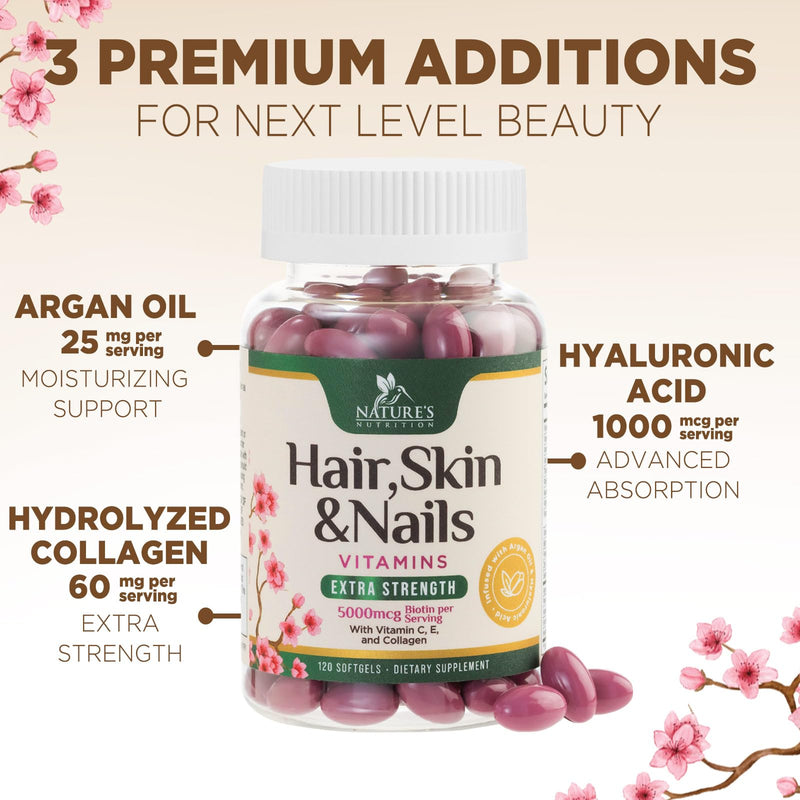 Hair Skin and Nails Vitamins for Hair Growth - Biotin 5000mcg Per Serving - Extra Strength Collagen, Argan Oil & Hyaluronic Acid - Best Beauty Supplement for Women & Men - USA Bottled - 120 Softgels 120 Count (Pack of 1)