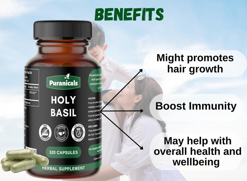 [Australia] - Holy Basil Premium 320 Capsules Non GMO and Gluten Free | Herbal Supplement | 600 mg Per Serving | Made with 100% Pure Herb Holy Basil Leaf Holy Basil Capsules 320 Count (Pack of 1) 