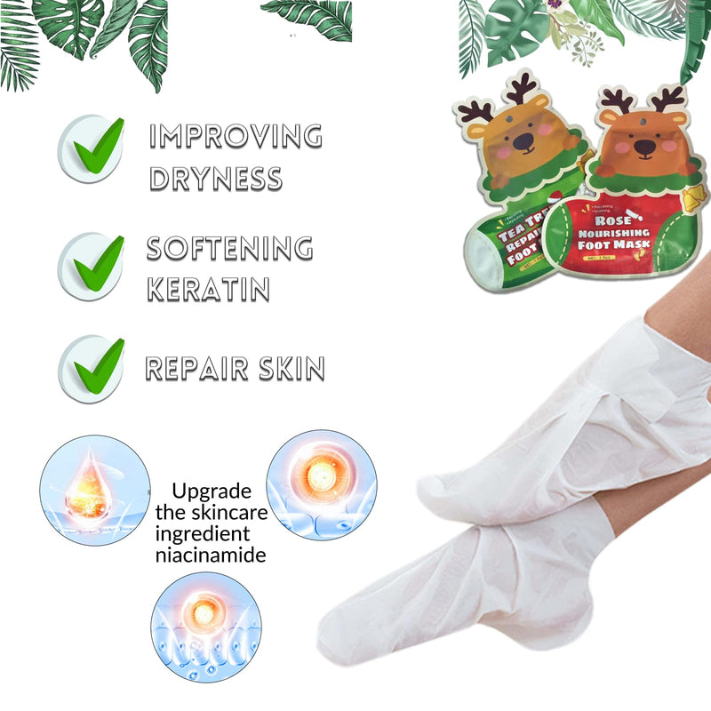 [Australia] - Foot Mask Hand Mask Christmas Gifts Hydrating Moisturizing 12 Packs Gloves & Socks Intensive Repairing Masks Peeling Mask for Women Dry Cracked Set Coconut Oil Tea Tree Extract Elitzia ETXJ2409 Rose+Tea Tree 