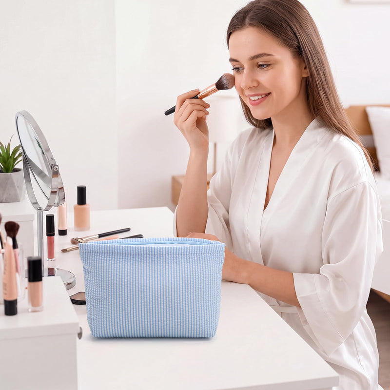 Sanwuta 12 Pcs Seersucker Makeup Bag for Women Stripe Cosmetic Bag Bulk Travel Toiletry Organizer Preppy Storage Pouch Zipper Purse Gifts for Wedding Bridesmaid Mom (Blue) Blue