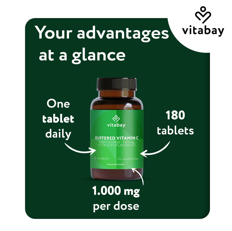 Vitabay Vitamin C 1000mg - 180 Vegan Slow Release Vitamin C Tablets - Buffered VIT with Citrus Bioflavonoids (50mg) - Natural from Plant Fermentation with Acacia Fibers - Laboratory Tested 256 g (Pack of 1)