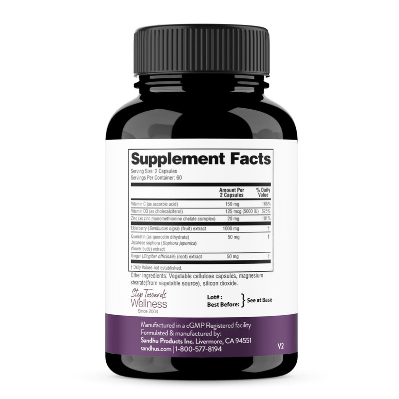 Elderberry Vitamin C and Zinc Capsules with D3 and Quercetin, 360 Count | 6-in-1 Immune Support Supplements For Adults, Sambucus Extract Zink Ginger USA Made in NSF GMP Certified Facility By Sandhu's 120 Count (Pack of 3)