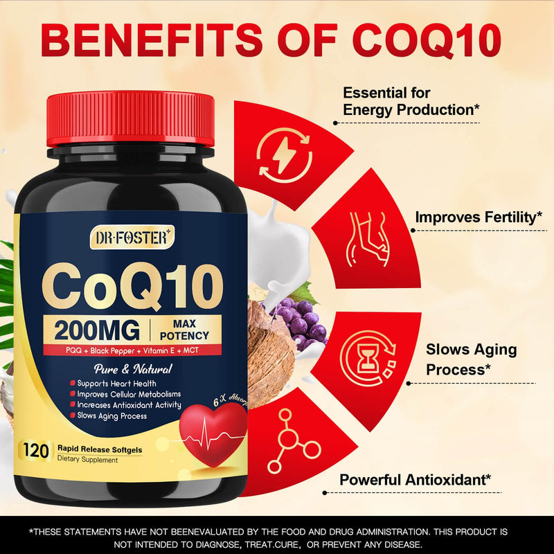 DRFOSTER CoQ10 200mg Softgels with PQQ & Vitamin E, 120 Servings | 6X High Absorption Coenzyme Q10 Supplement with Black Pepper Extract, Supports Heart Health and Energy Production 120 Count (Pack of 1)