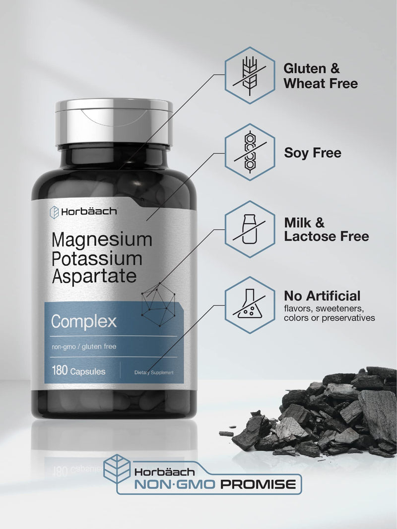 Horbäach Magnesium Potassium Aspartate Complex | 180 Capsules | Non-GMO and Gluten Free Formula 180 Count (Pack of 1)