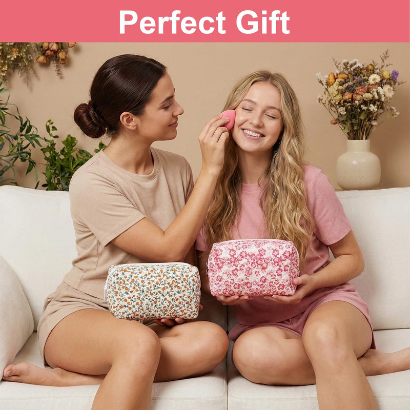 10 Packs Quilted Makeup Bag Different Stylish Floral Designs Flower Theme Toiletry Cosmetic Bag Aesthetic Makeup Pouch Floral Emergency Kit Pouch for Traveling
