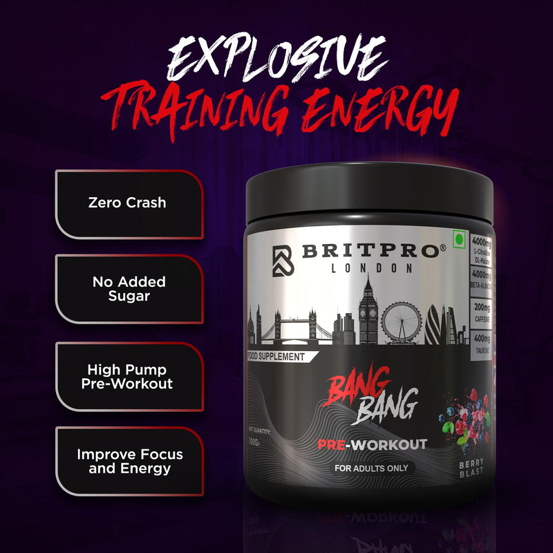 Bang Bang Pre-Workout, 300g - Berry Blast Flavour - High-Intensity Pre Workout, Focus & Endurance, Muscle Pump - Clean Energy, No Crash - Made in the UK