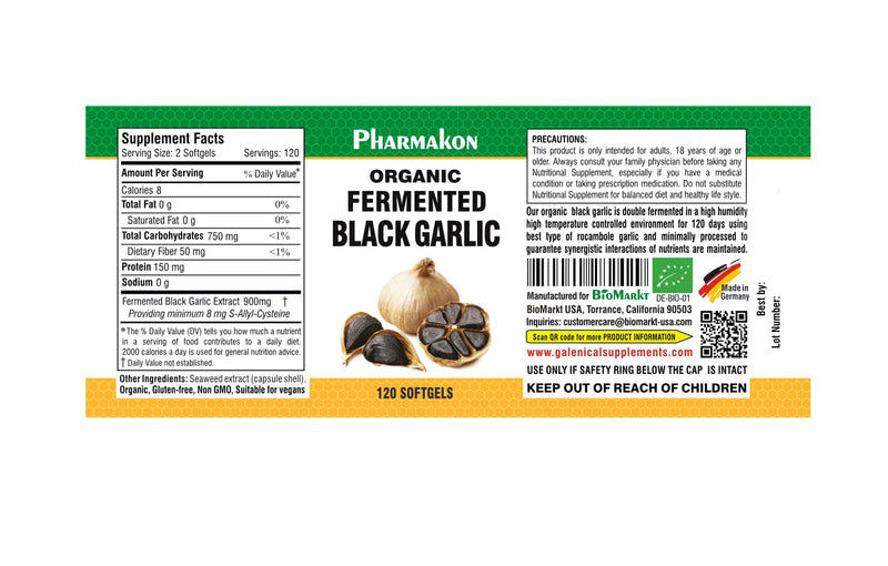 [Australia] - PHARMAKON Organic Aged Black Garlic, Bioavailable Soft Capsules, Wholesome, Reduced Odor (120 Count) 120 Count (Pack of 1) 