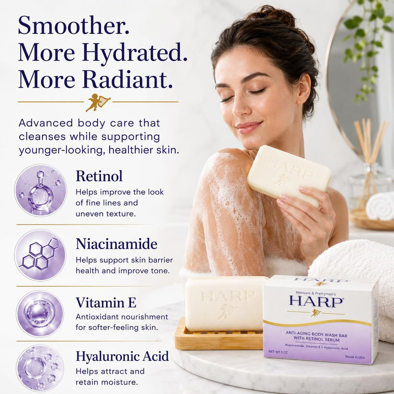HARP® Anti-Aging Body Wash Bar with Retinol – pH Balanced Syndet Cleanser, Fragrance Free, Soap-Free & No Lye, Non-Comedogenic, With Niacinamide, Hyaluronic Acid & Vitamin E, 3-5oz Bars. Anti-Aging - Fragrance Free 3 Bars