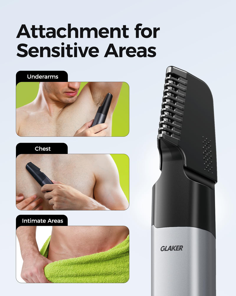 [Australia] - GLAKER Beard Grooming Kit - All in One Hair Cutting Kits, Electronic Shaving Razor, Professional Barber Kit, Mens Body Hair Shaver, Cordless Nose Hair Trimmer, Rechargeable Hair Clippers for Men Silver 