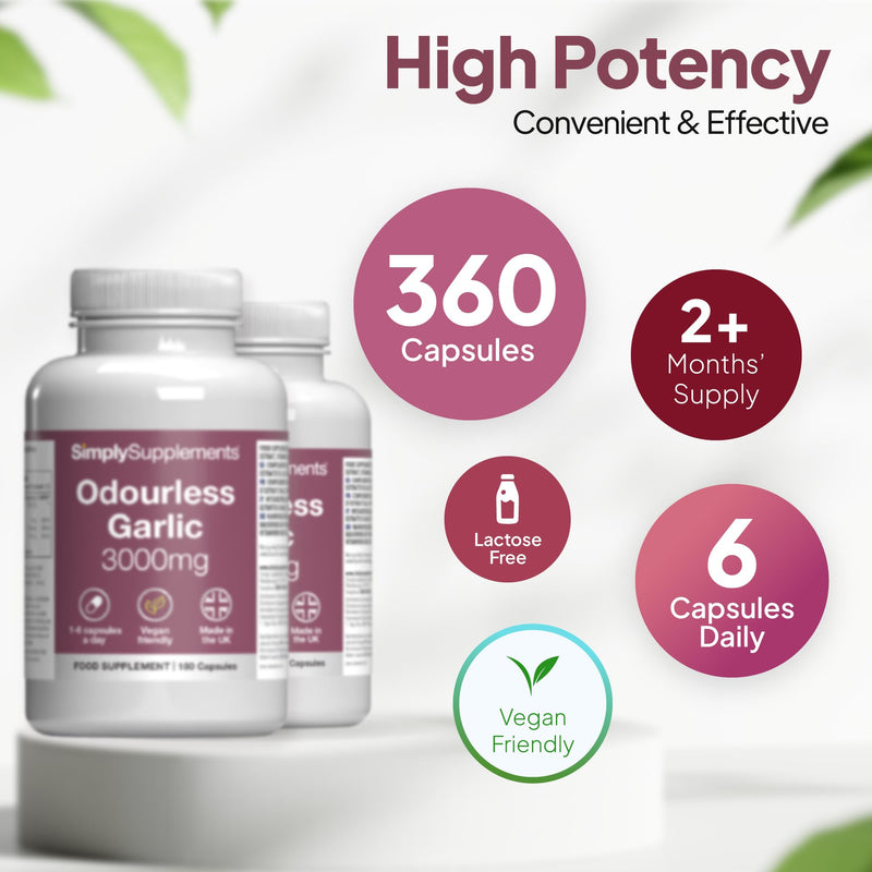 High Strength Odourless Garlic Capsules with Added Vitamin C, Thiamine and Iron | 360 Vegan & Vegetarian Capsules | Heart Health & Circulation Support | Fast Release & Absorption | UK Made Unflavoured 180 count (Pack of 2)