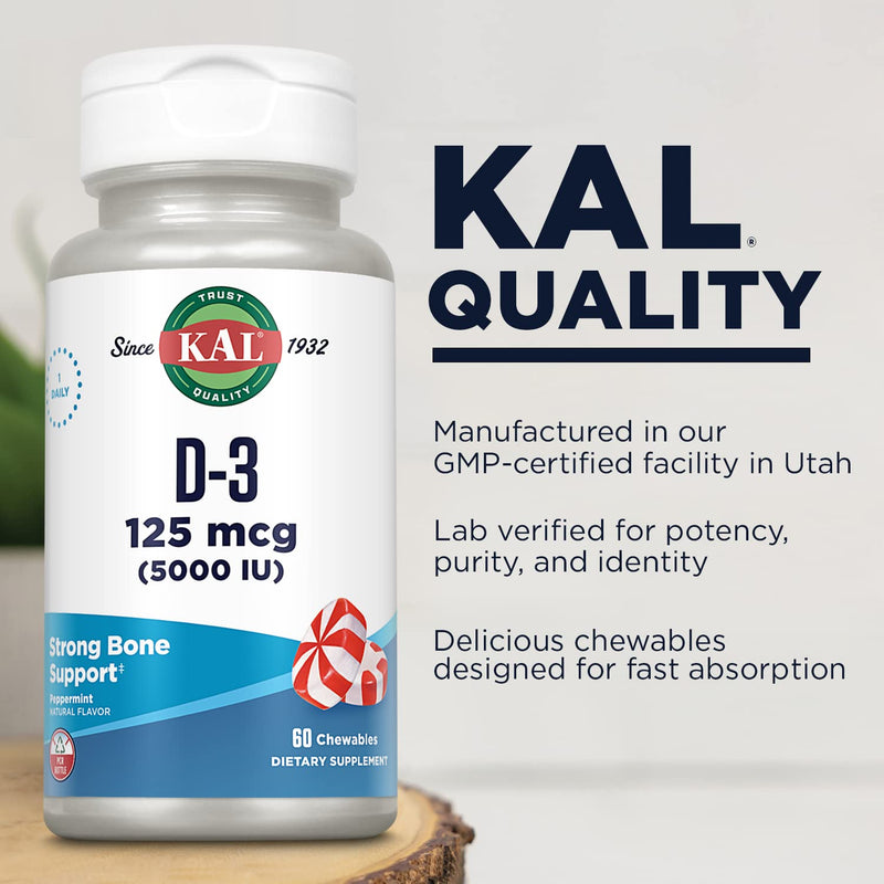 KAL Vitamin D3 Chewable Supplement - 5000 IU 125 mcg, High Potency Vitamin D Chewables, Healthy Teeth, Bone Strength and Immune Support, Natural Peppermint Flavor - 60 Count | High Potency Vitamin D Chewables, Healthy Teeth, Bone Strength and Immune Su...