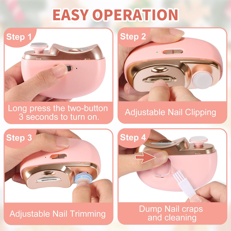 [Australia] - Electric Nail Clipper & Baby Nail Trimmer Polisher 3 in 1 (Not for Toenail) with Nail Scraps Storage, LED Light, 2 Speeds, Rechargeable Fingernail Clipper for Baby, Adults, Seniors, Pink Whitpink 