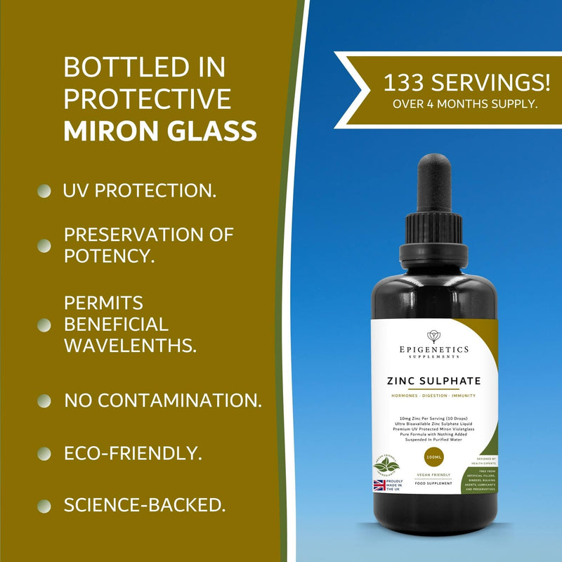 Zinc Sulphate 100ml Liquid Supplement Drops | 4 Months Supply, 133 Servings Per Bottle. No Sugar or Artificial Additives | 100% RI per Serving | UK Made & Vegan