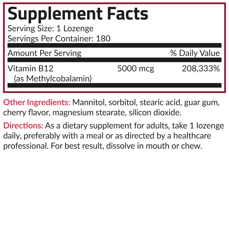 Futurebiotics Methyl B12 5000 MCG Vitamin B12 Methylcobalamin, Cherry Flavor Non-GMO, 180 Vegetarian Lozenges 180 Count (Pack of 1)