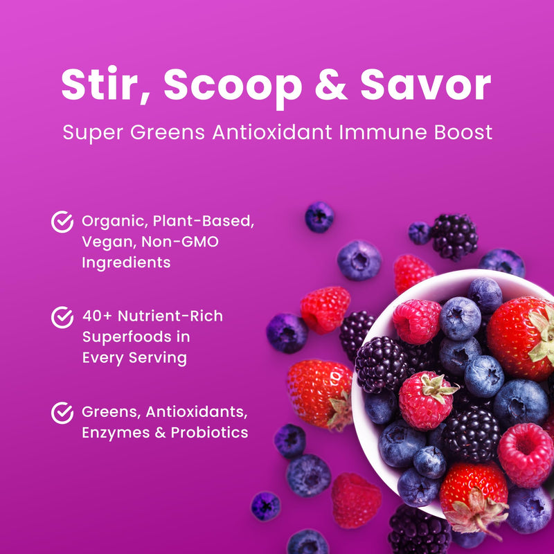 [Australia] - Super Greens Powder Premium Antioxidant Superfood | Organic Greens Fruit and Veggie Vegan Supplement | 40+ Greens and Superfoods Including Wheatgrass & Spirulina | Probiotic Powder Greens, Sweet Berry 
