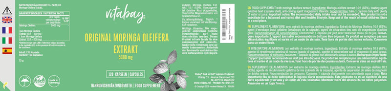 [Australia] - Vitabay Original Moringa Oleifera • 5000 mg PER capsule • 120 capsules • Natural • High dosage • Unique spectrum of natural nutrients • XXL pack 